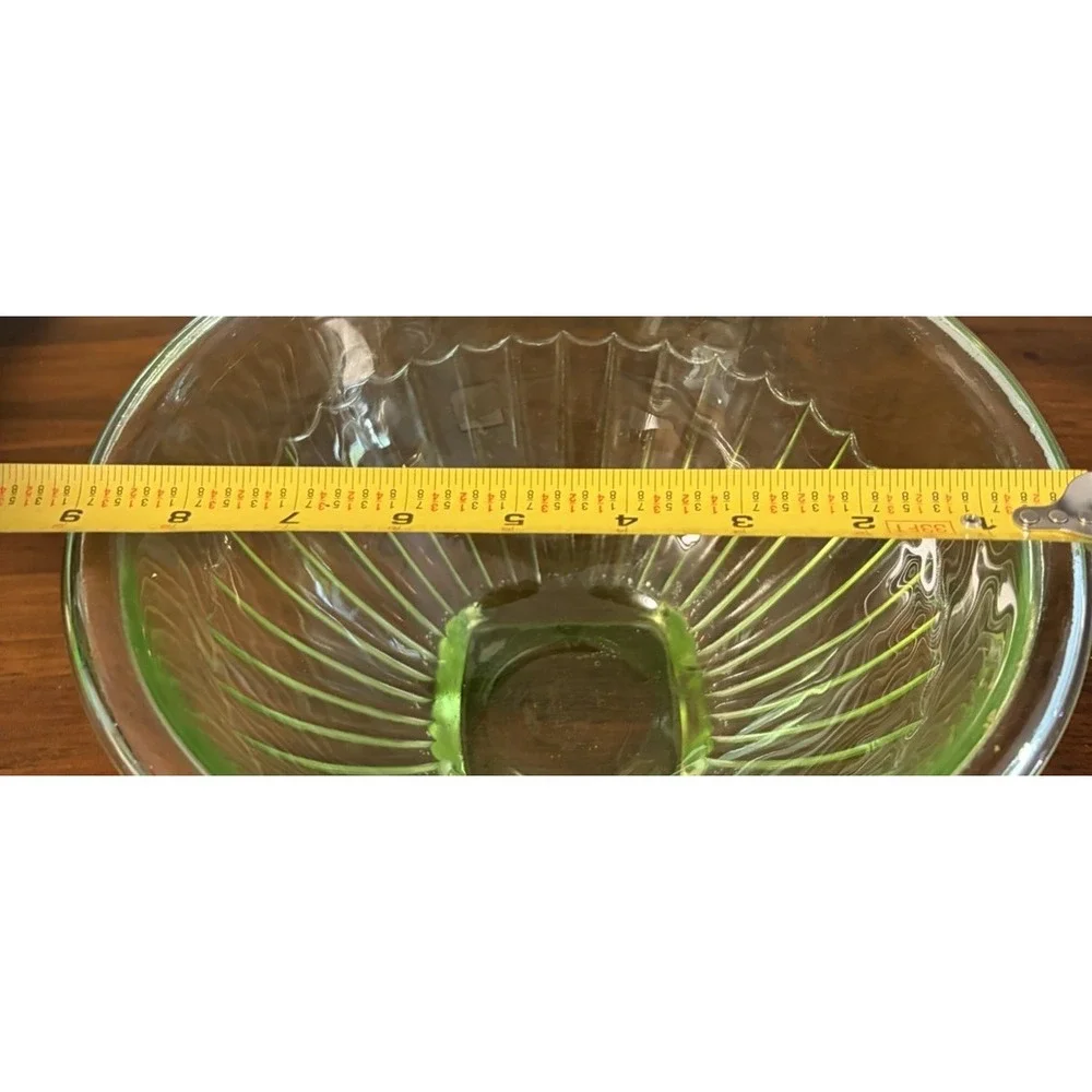 Vintage Uranium Glass Mixing Bowl Green UV Glow Ribbed Scalloped 9